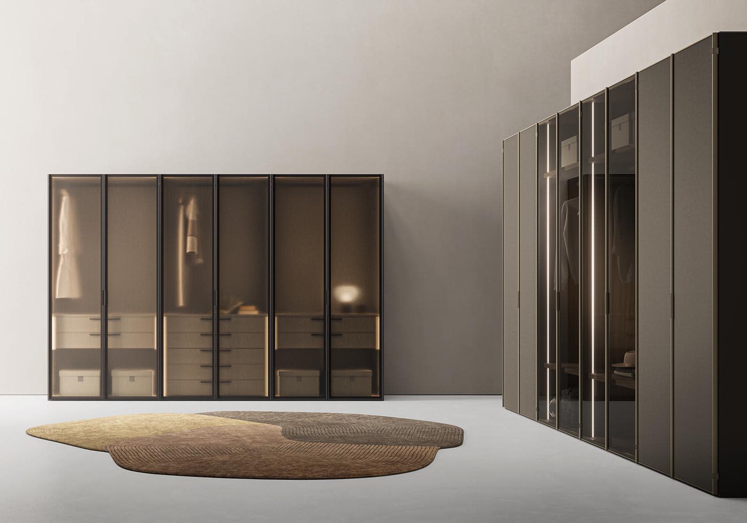Pure closet | ALF Dafre. Elegant hinged door with clean lines for modern wardrobes and closets, ensuring seamless integration and functionality.