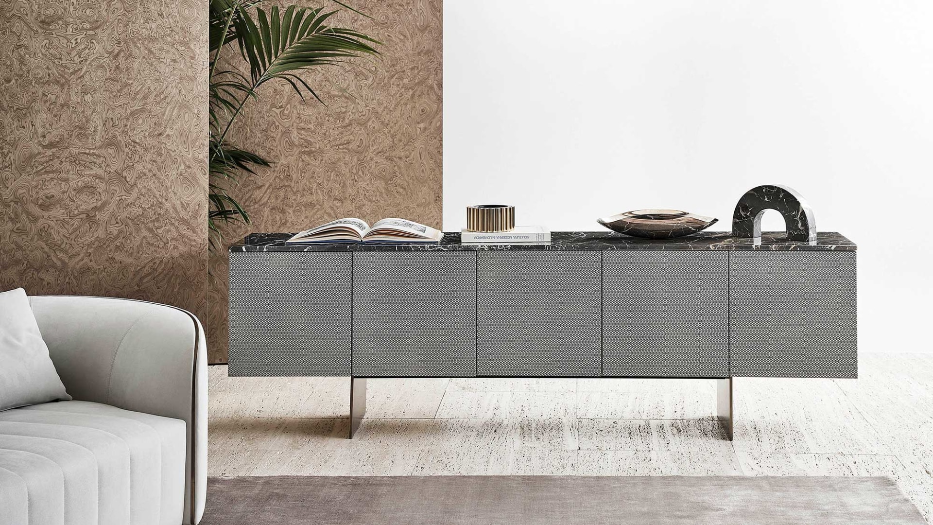 Penelope sideboard | Rugiano. Elegant sideboard with luxurious leather upholstery and a refined marble top.