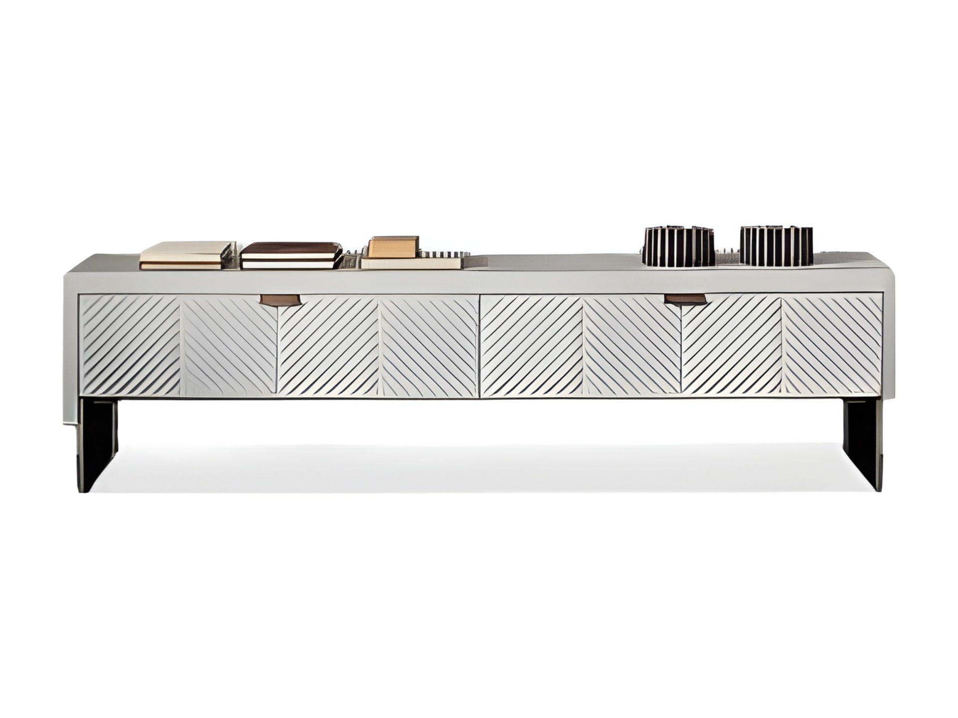 Iolanda Low sideboard | Rugiano. Luxurious TV cabinet/sideboard with leather upholstery, exquisite bronze accents, and an illuminated marble top.