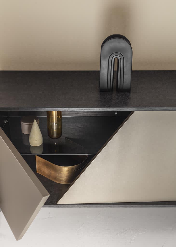 Kendo sideboard | ALF Dafre. Sideboard with unique geometric doors creating a light and shadow effect, available in various finishes.