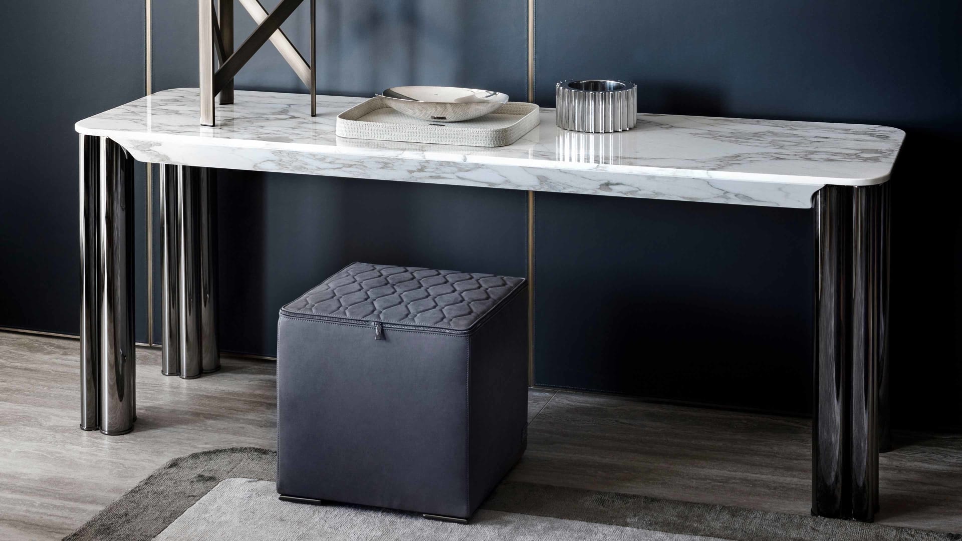 Forest console | Rugiano. Elegant console with filigree metal legs and a top available in wood, marble, or leather.