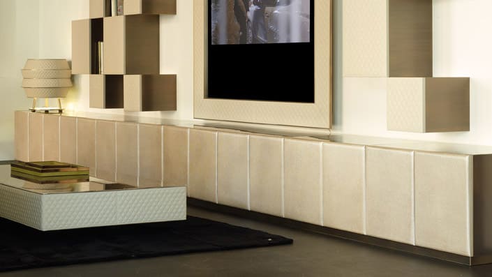 Sidney tv furniture | Rugiano. Exquisite TV cabinet with a geometric pattern, blending Art Deco style with modern functionality.