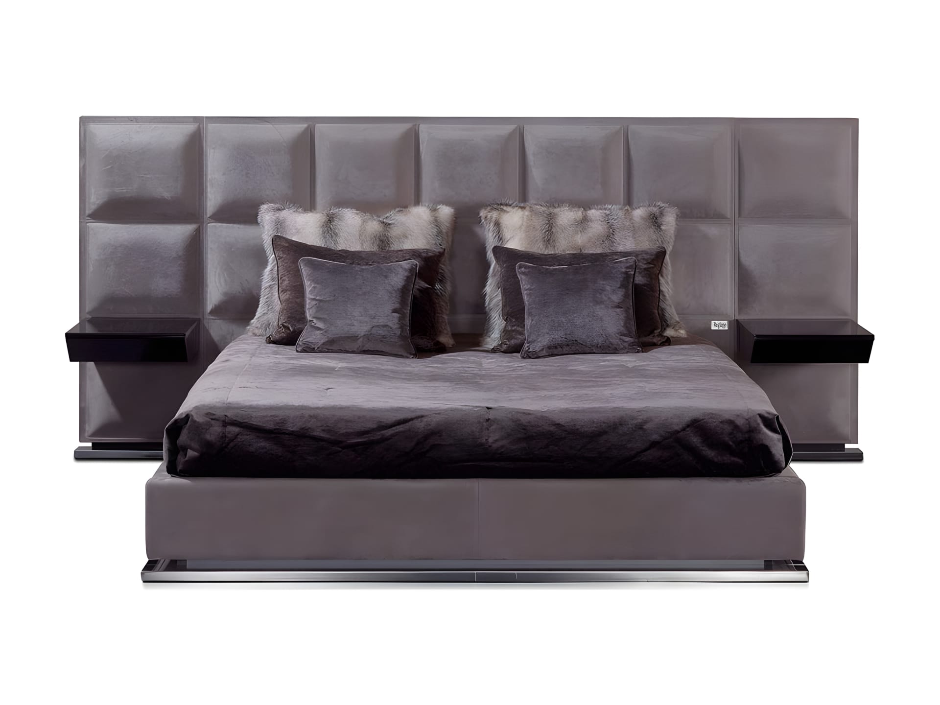 Gemma bed | Rugiano. Elegant bed featuring a high tufted headboard and optional integrated nightstands, creating a luxurious bedroom ambiance.