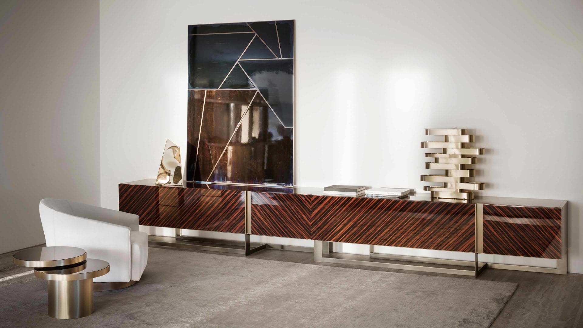 Blade tv furniture | Rugiano. Luxury TV cabinet Blade with sleek design, available in ebony or leather, featuring metal base and ample storage.