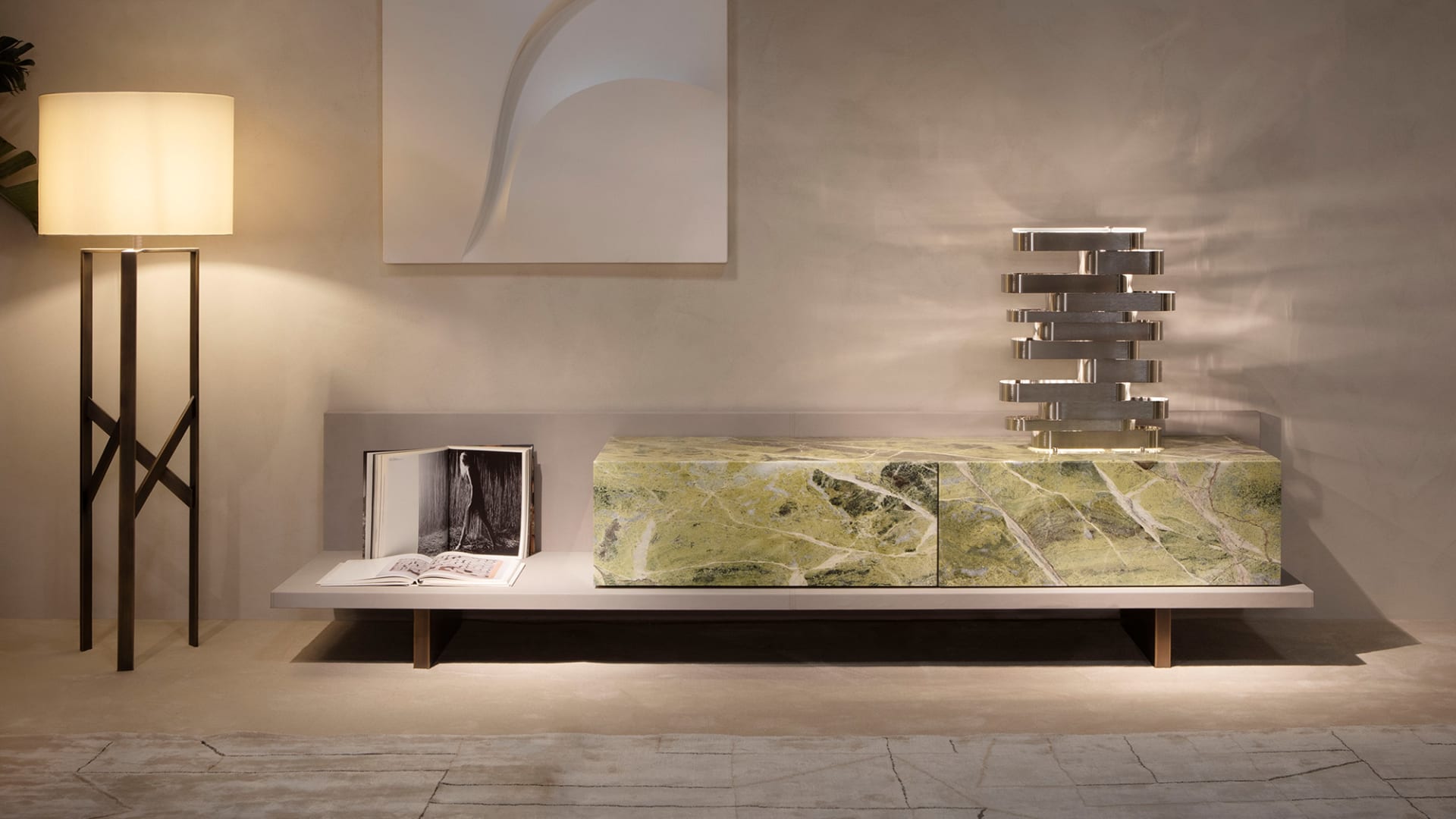 Trace sideboard | Rugiano. Exquisite sideboard with a marble facade and metal base, blending the luxury of natural stone with modern design.