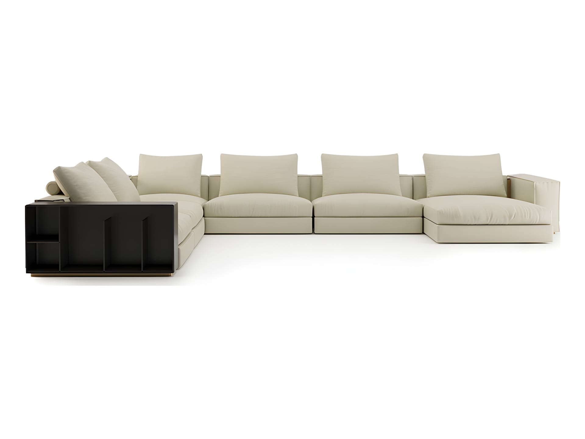 Nautilus sofa | Rugiano. Modular sofa system with integrated bookshelves, shelves, and side tables, featuring distinctive raw-cut leather details.