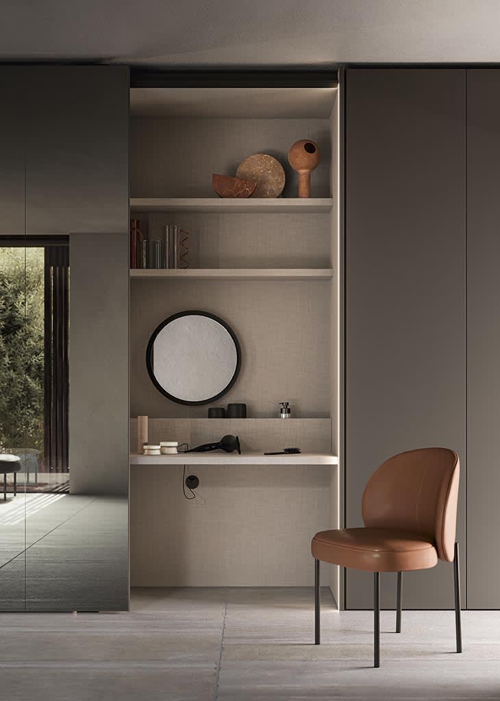 Costanza storage wall | ALF Dafre. Elegant sliding door with minimalist design for modern zoning and storage systems.