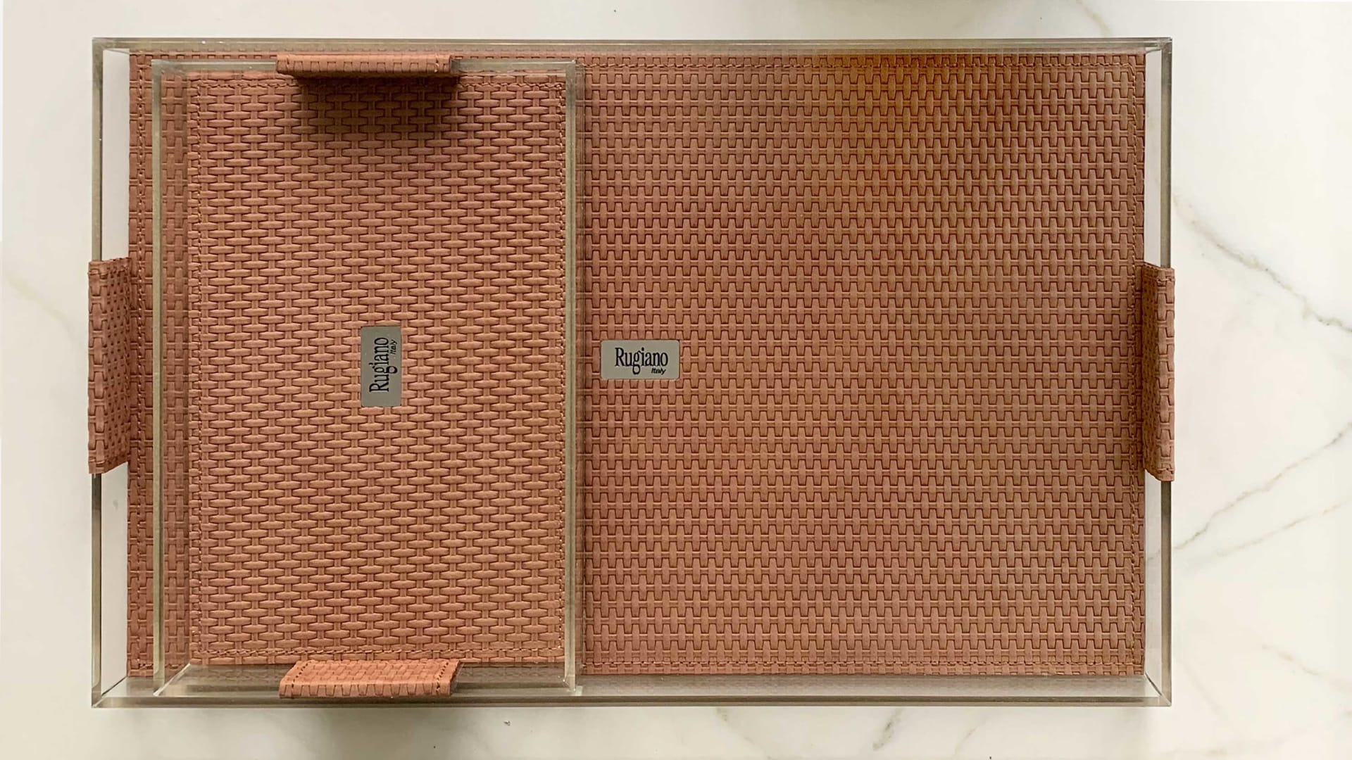 Plexi decorative object | Rugiano. Exquisite acrylic tray with woven leather insert and geometric pattern.