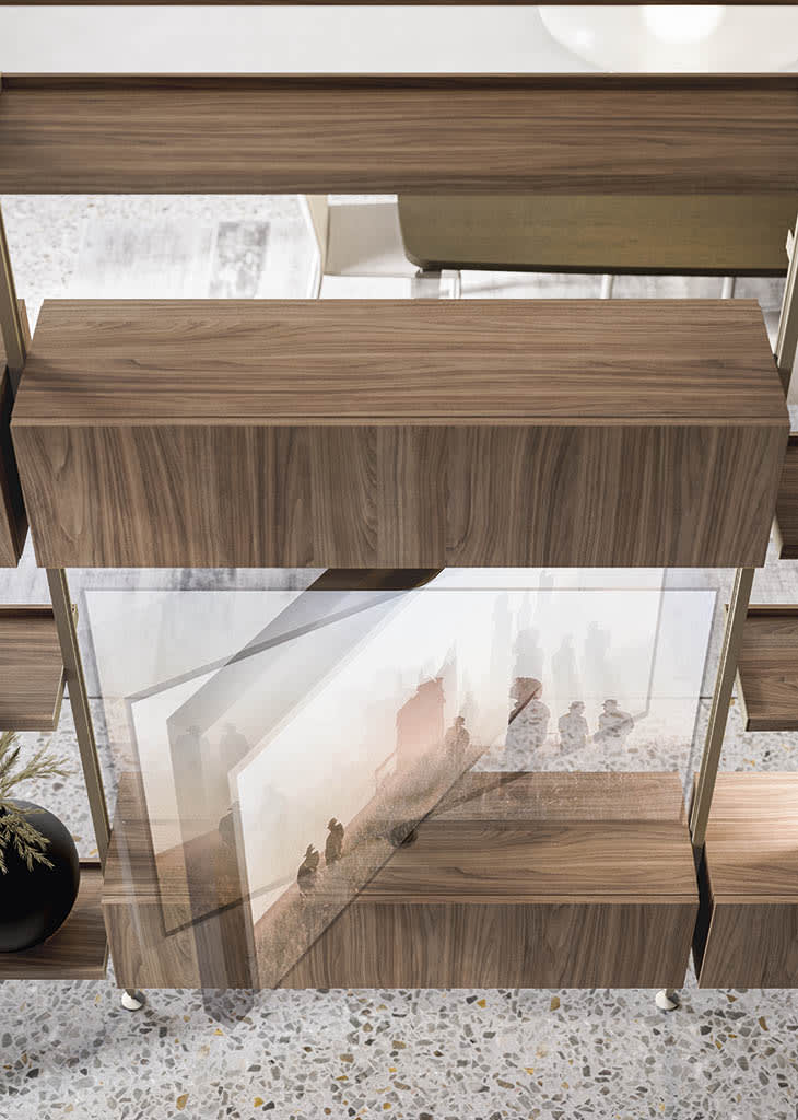 Antis bookcase | ALF Dafre. Modular living area system with adjustable elements and unique, hole-free aluminum uprights for versatile configuration.