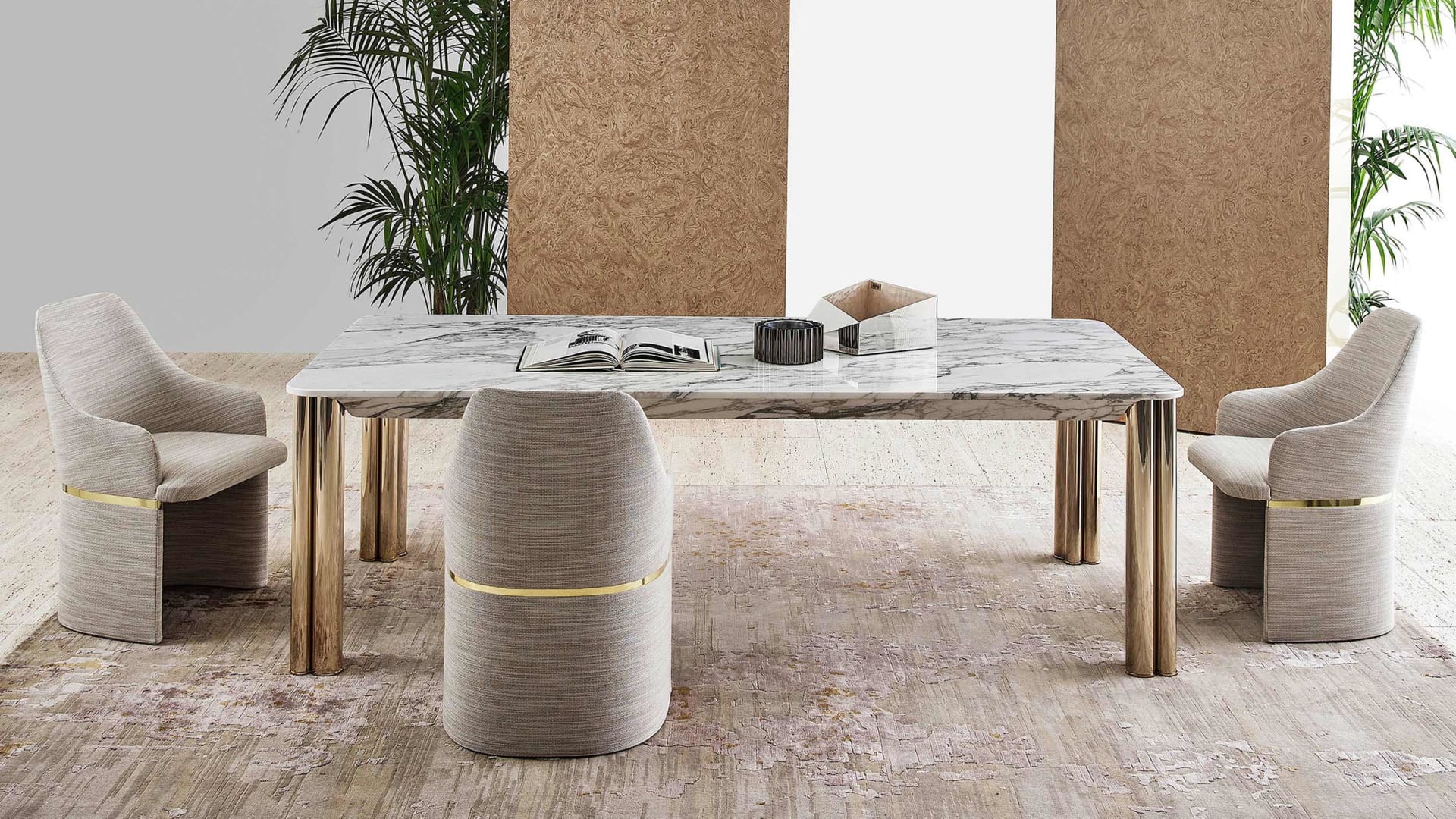 Forest table | Rugiano. An exquisite table with skilfully welded metal legs and a versatile top in wood, marble, or leather, perfect for luxurious interiors.