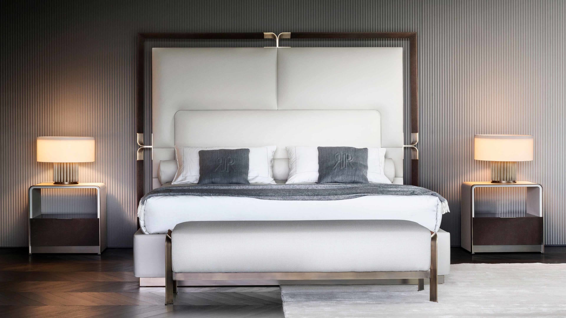 Grace bed | Rugiano. Luxurious upholstered bed with elegant metal details, offering supreme comfort and sophisticated design.