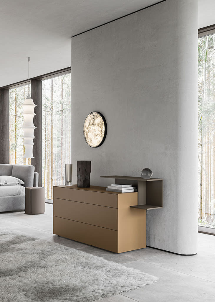 Fil bedside table | ALF Dafre. Modular storage units with minimalist design, versatile mounting, and dual opening mechanisms.