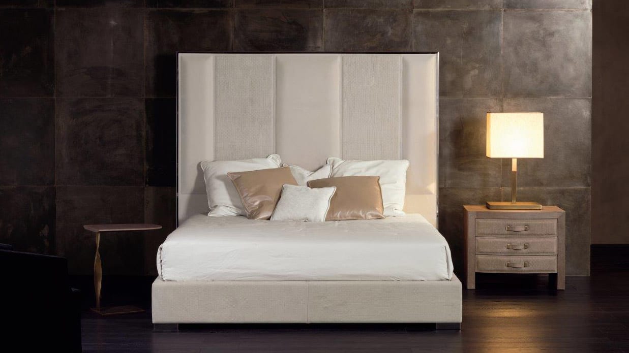 Stripe bed | Rugiano. Exquisite bed featuring an upholstered headboard with a unique geometric pattern, offering contemporary comfort and style.