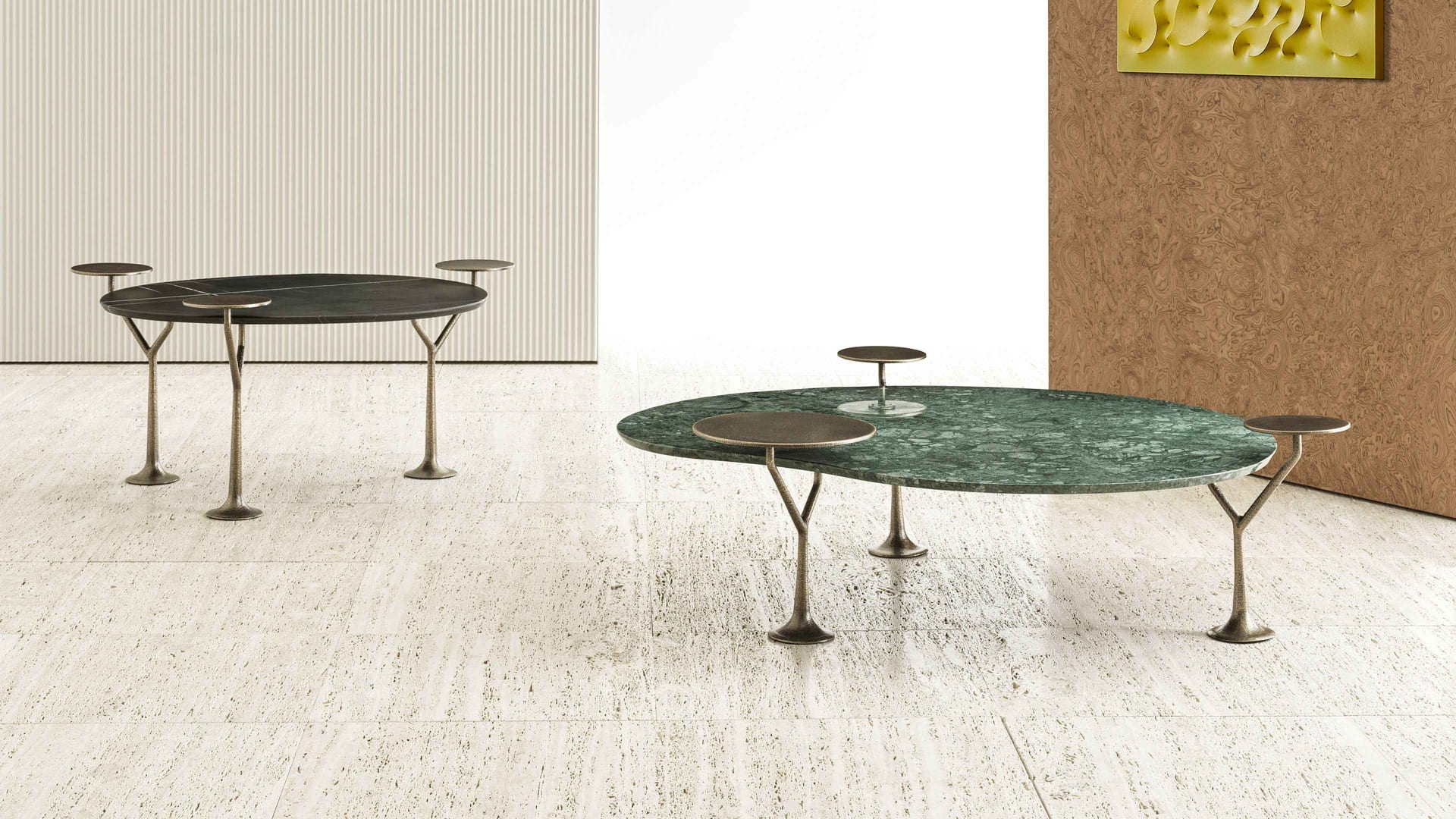Bonsai coffee table | Rugiano. A collection of elegant coffee tables featuring a unique brass base and multi-level tops inspired by the delicate silhouette of a bonsai tree.