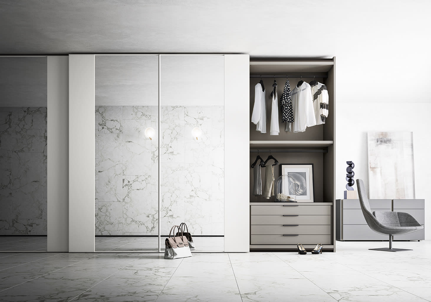 Frame wardrobe | ALF Dafre. Wardrobe with sliding doors, combining contrasting finishes and elegant design.