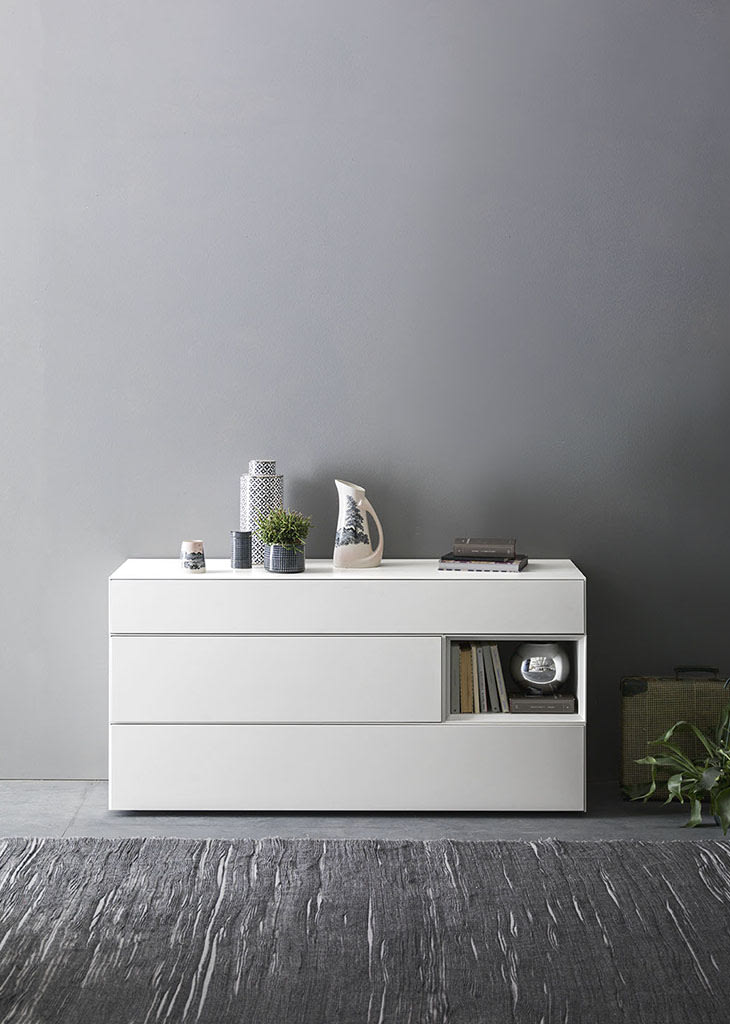 Fil bedside table | ALF Dafre. Modular storage units with minimalist design, versatile mounting, and dual opening mechanisms.