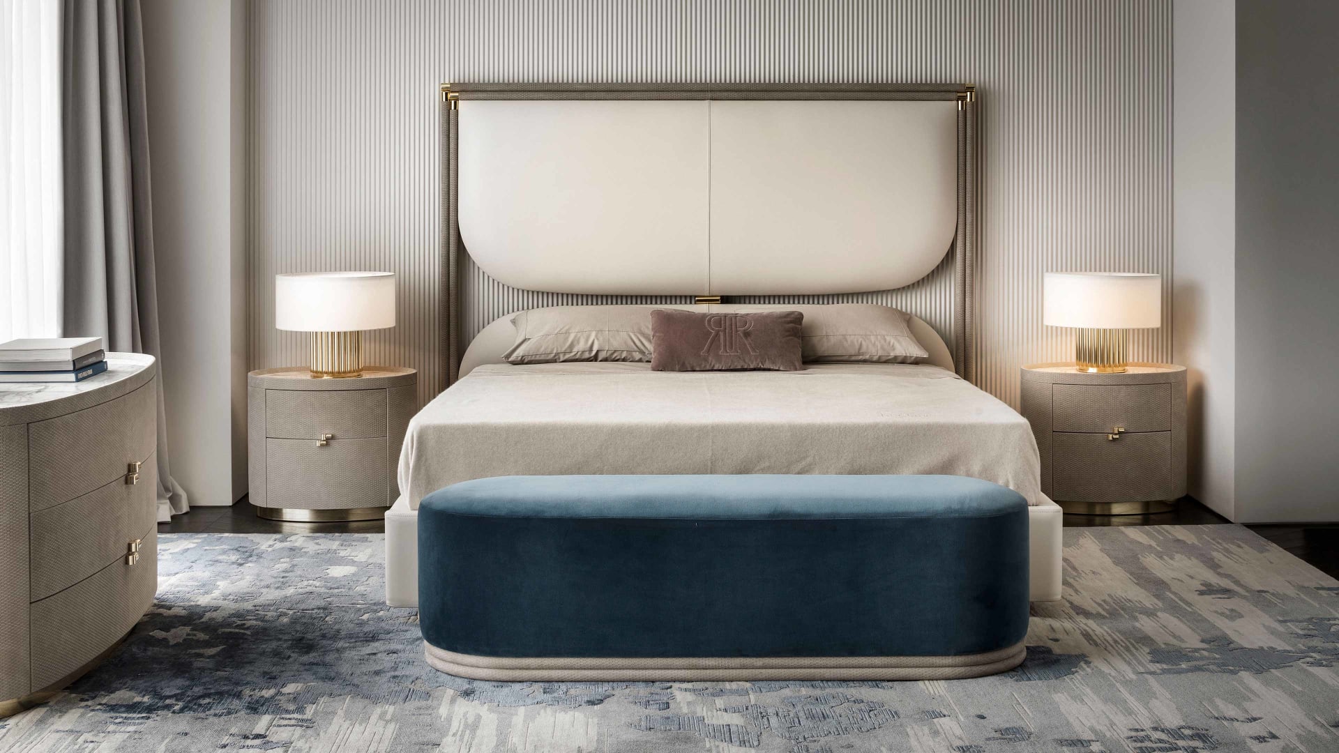 Boheme bedside table | Rugiano. Exquisite bedside table featuring leather upholstery, a marble top, and glossy brass accents, equipped with two drawers.