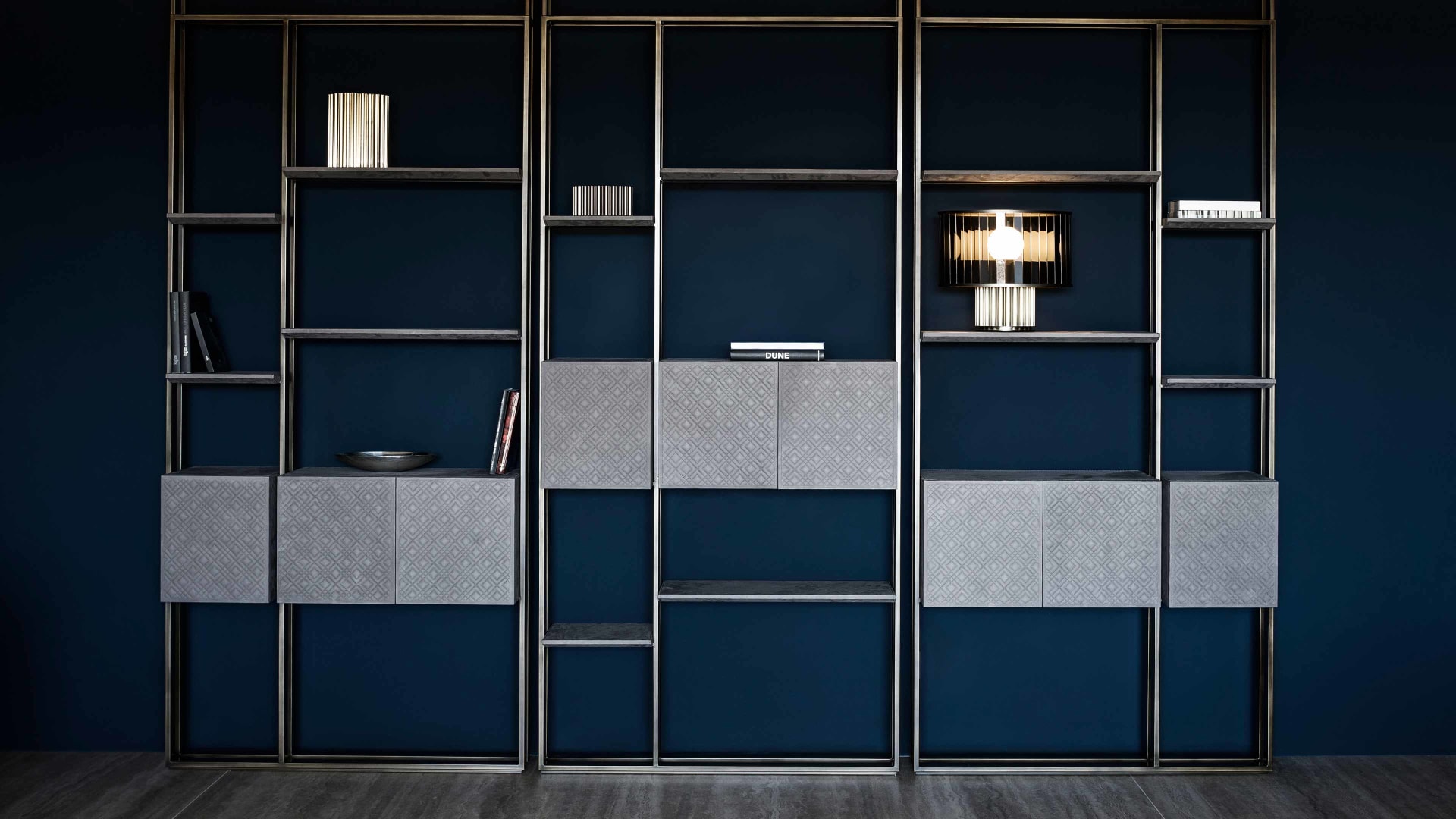Frame Box bookcase | Rugiano. Modular luxury bookshelves with metal structure, leather, and marble shelves, offering versatile storage and refined design.