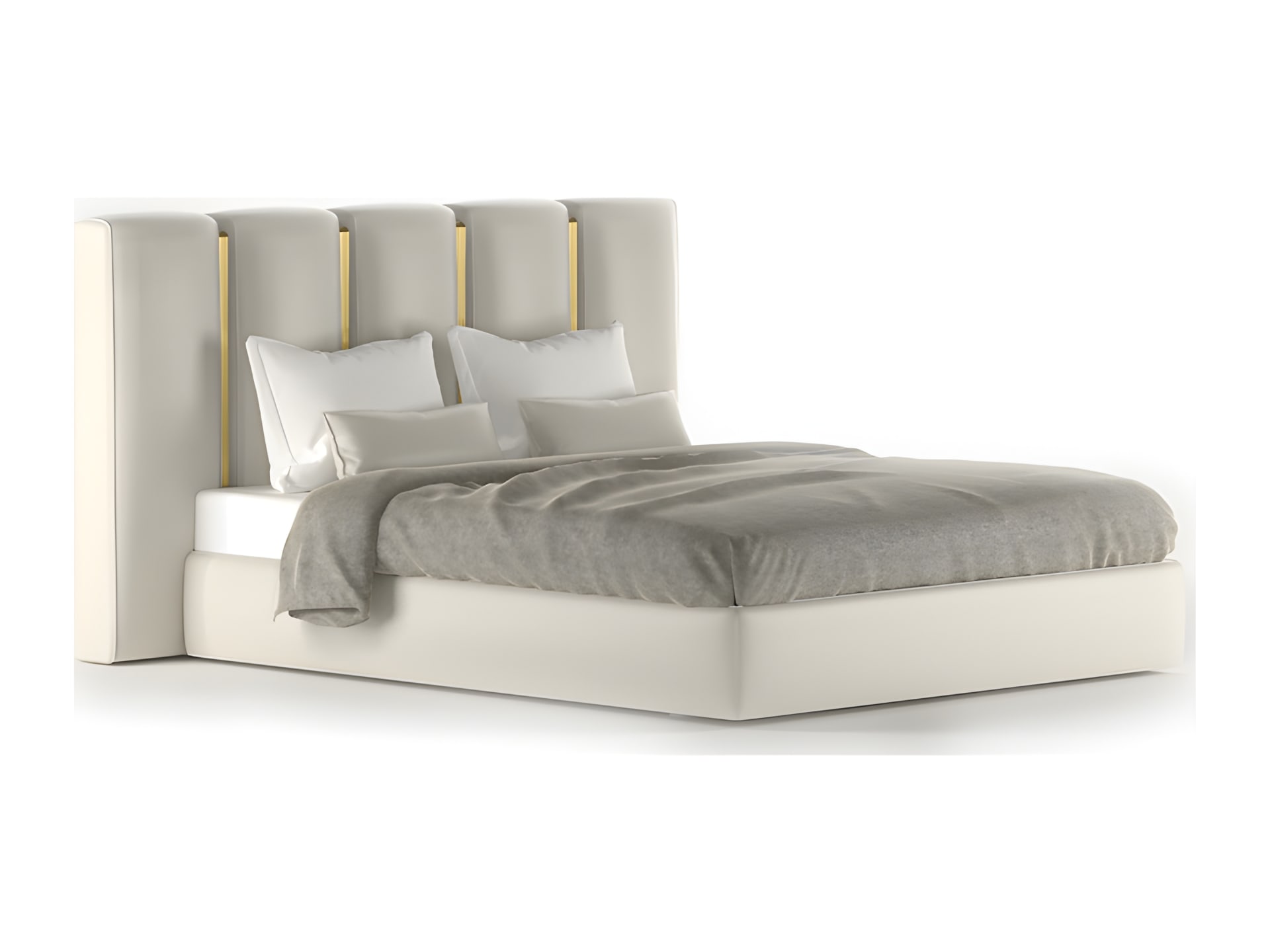Club bed | Rugiano. Luxurious bed with upholstered headboard featuring brushed metal and leather details, creating a sophisticated aesthetic.