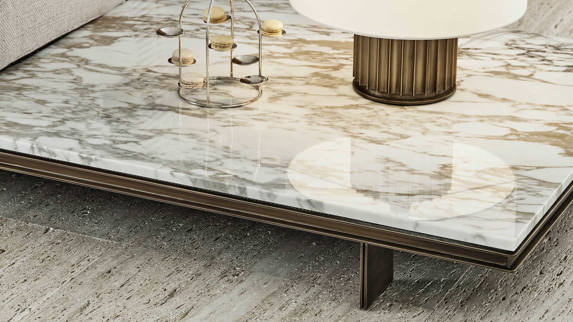 Memphis Intreccio sofa | Rugiano. Luxurious sofa with linear metal base, elegant leather details, and integrated marble coffee tables for versatile compositions.