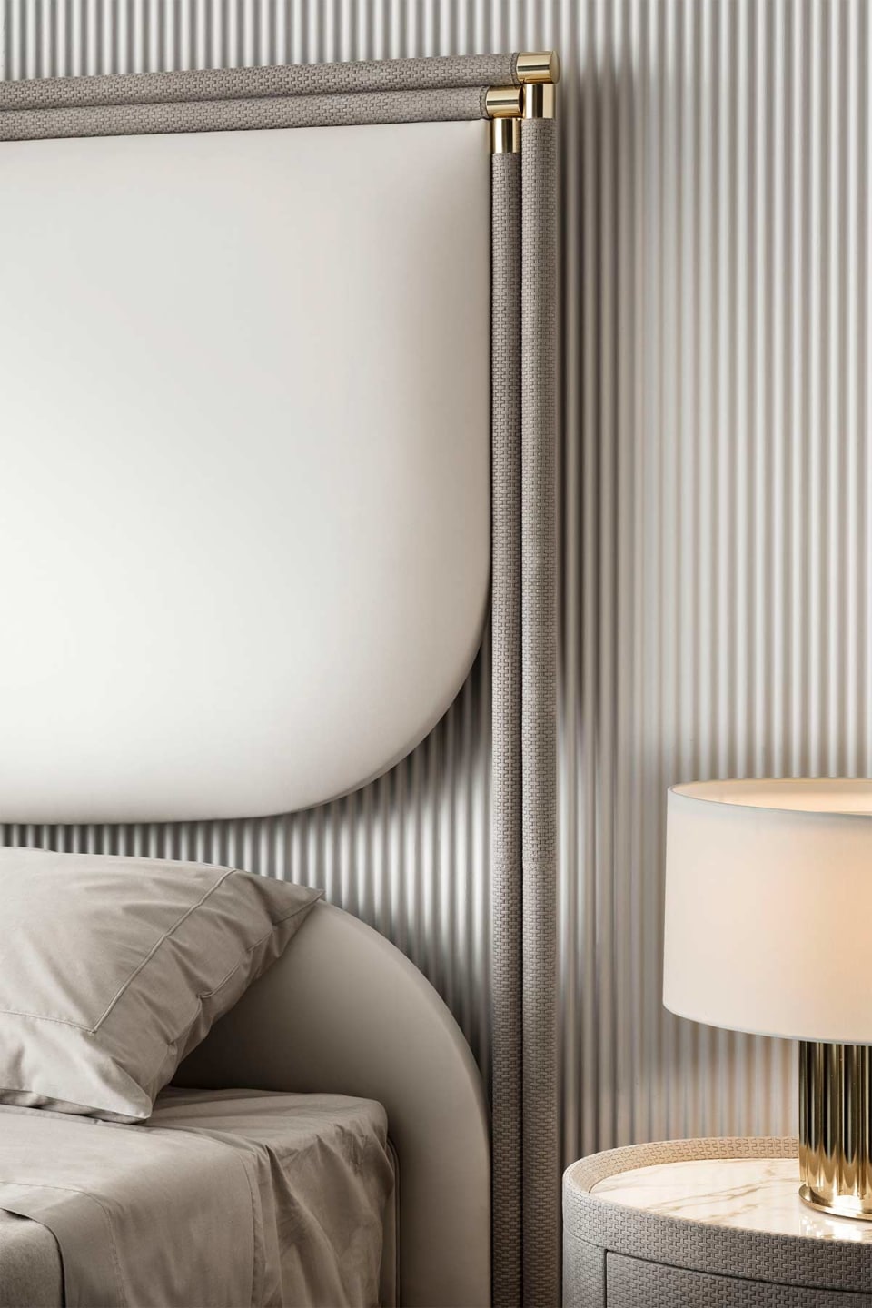 Boheme bed | Rugiano. Elegant bed with upholstered leather headboard and metal frame, blending luxury with modern comfort.