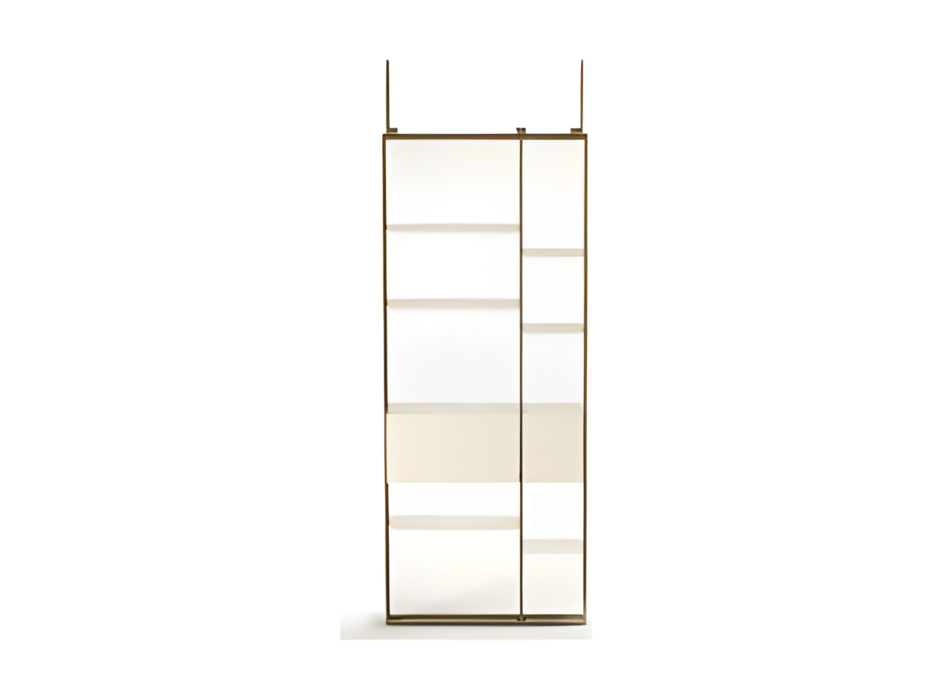 Frame Box bookcase | Rugiano. Sophisticated bookshelves with metal structure, leather or marble shelves, and upholstered leather storage boxes.