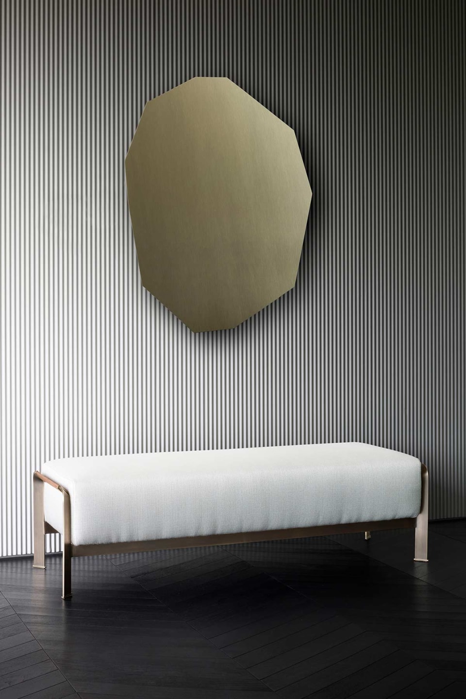 Arthur indoor benche | Rugiano. Luxurious upholstered bench with a refined bronze structure and exquisite inlaid leather detailing, perfect for elegant interiors.