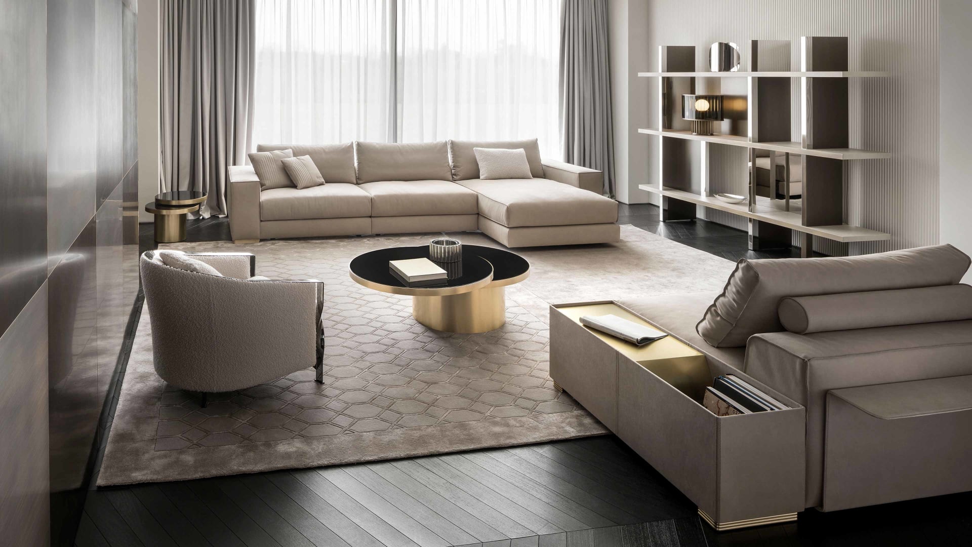 Space coffee table | Rugiano. Elegant coffee table with satin brass base and innovative movable black glass tops.
