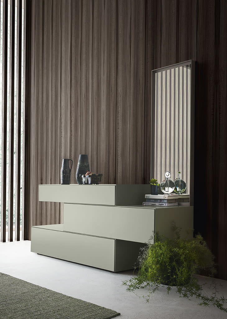 Fil bedside table | ALF Dafre. Modular storage units with minimalist design, versatile mounting, and dual opening mechanisms.