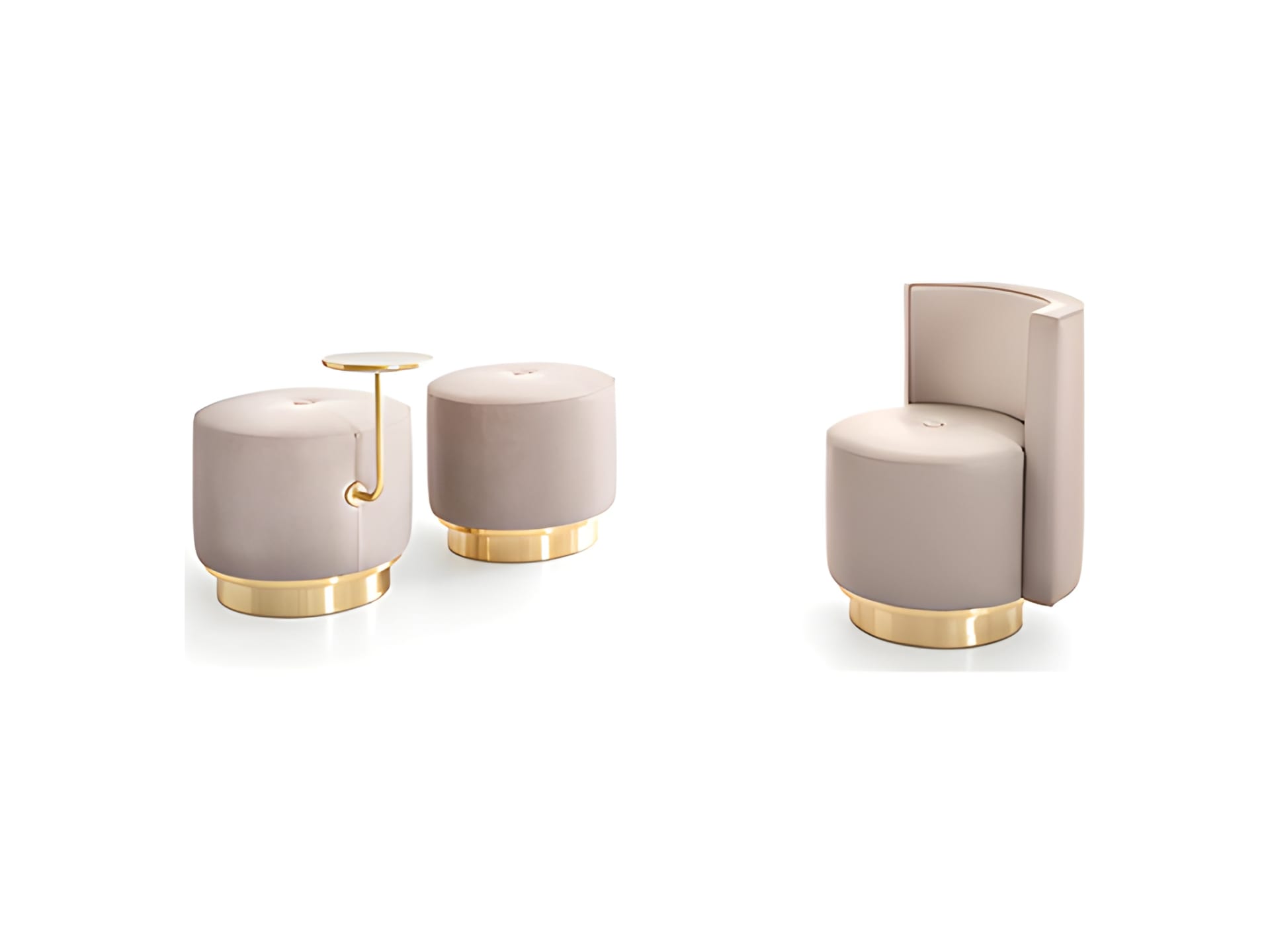 Harry pouf | Rugiano. Versatile upholstered poufs with elegant satin gold details, available in classic, armrest, and integrated side table designs.