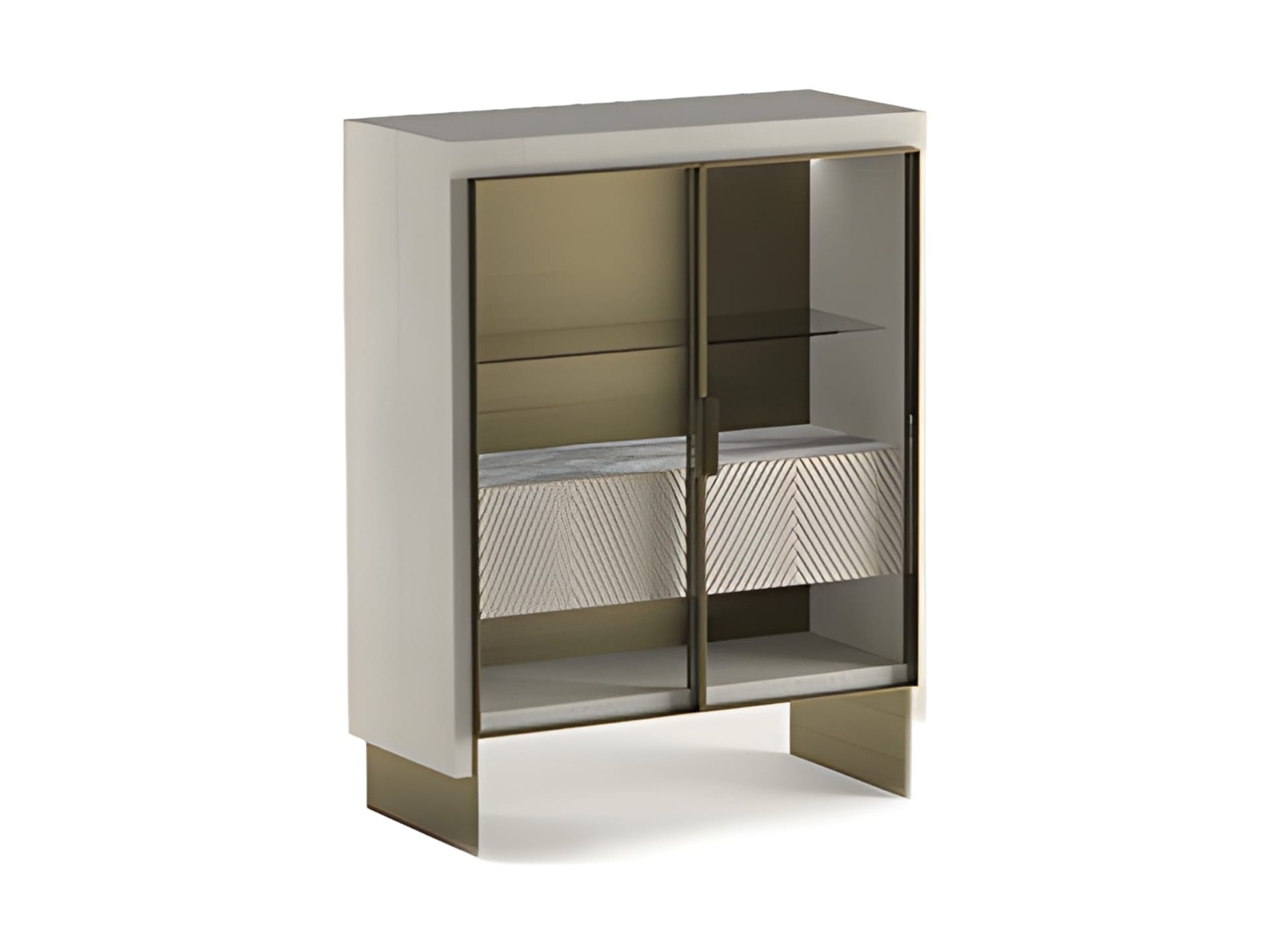 Iole sideboard | Rugiano. Luxurious sideboard with leather upholstery, bronze details, marble top with backlighting, and elegant glass doors.