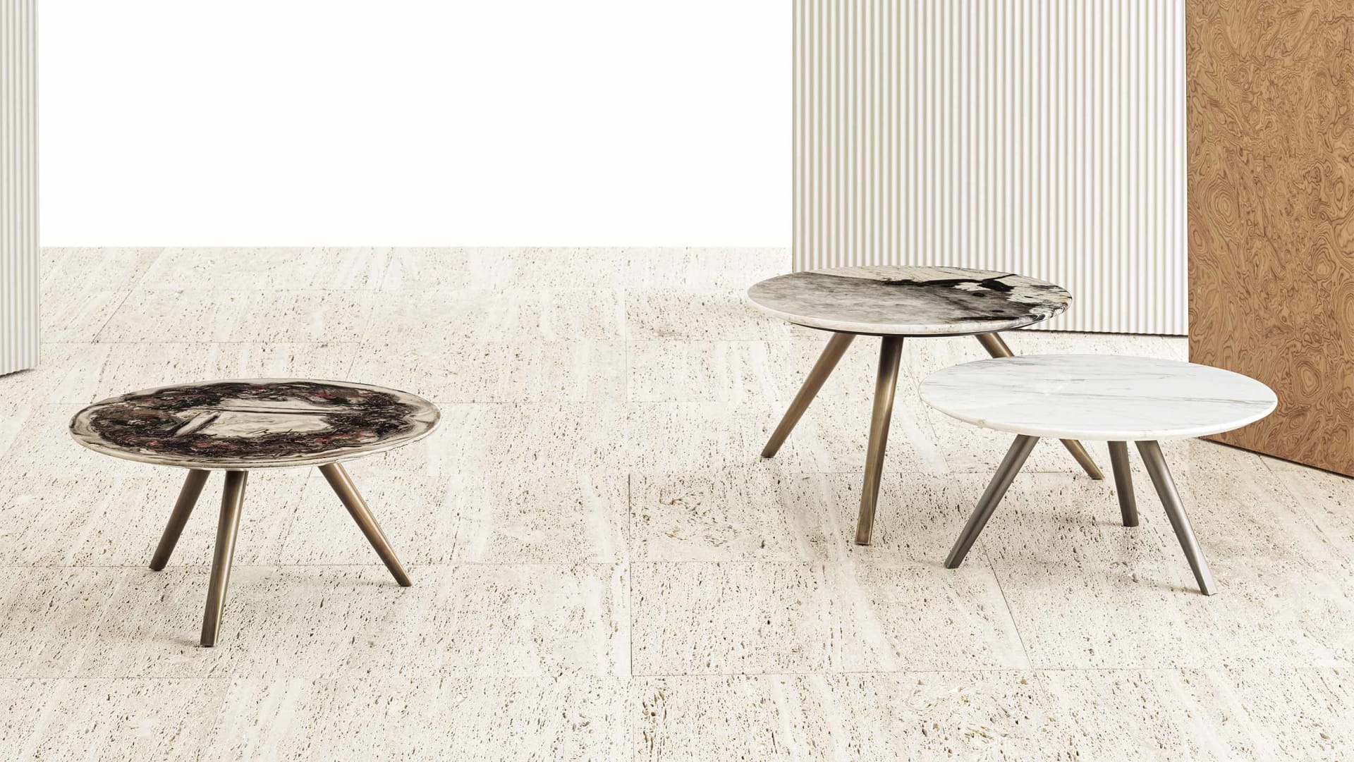 Lord coffee table | Rugiano. Versatile coffee table with metal base and various top finishes like wood, leather, or marble, available in different shapes.