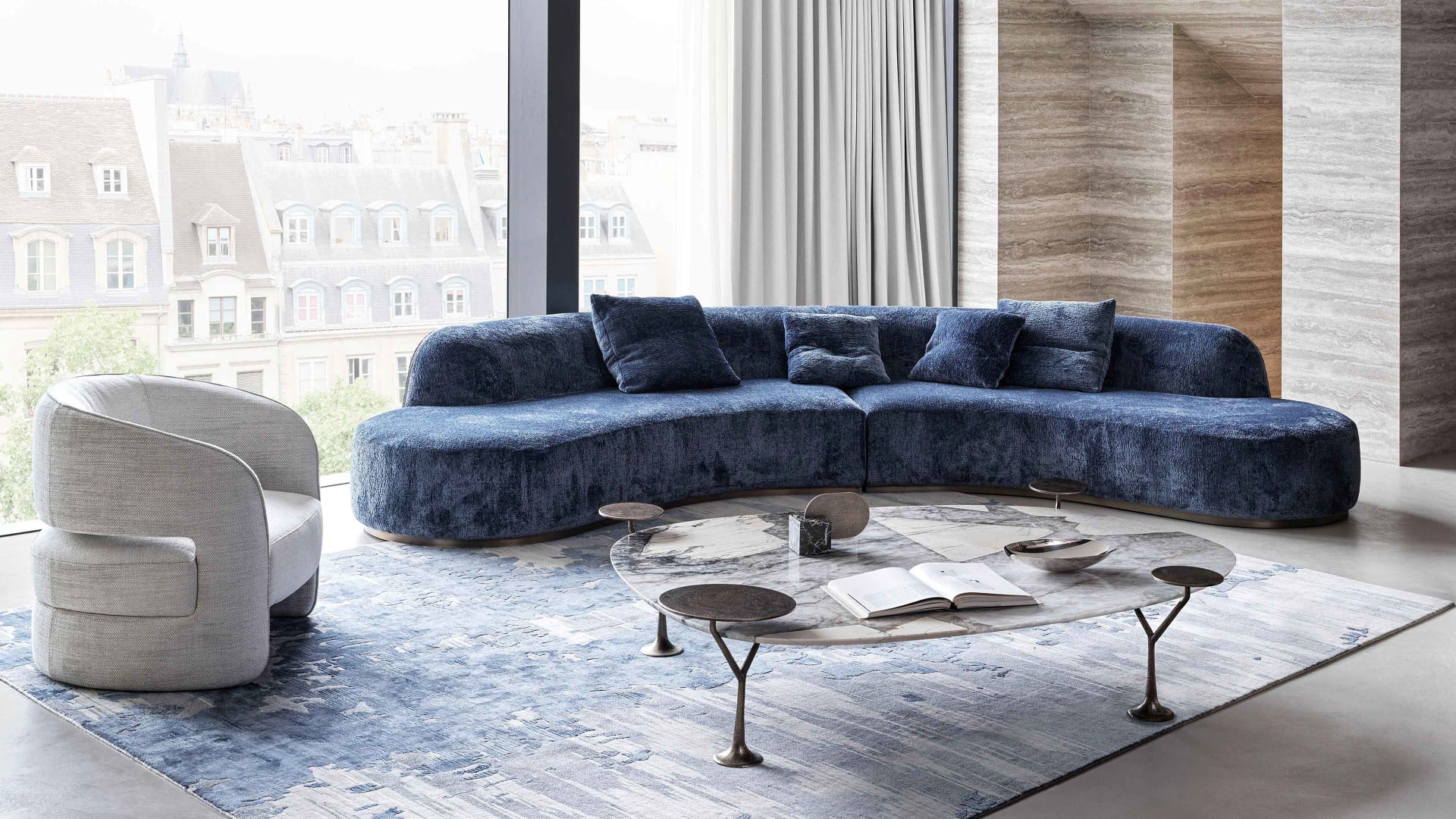 Pierre sofa | Rugiano. Modular sofa with curved and linear elements, offering endless unique and sinuous configurations for sophisticated interiors.