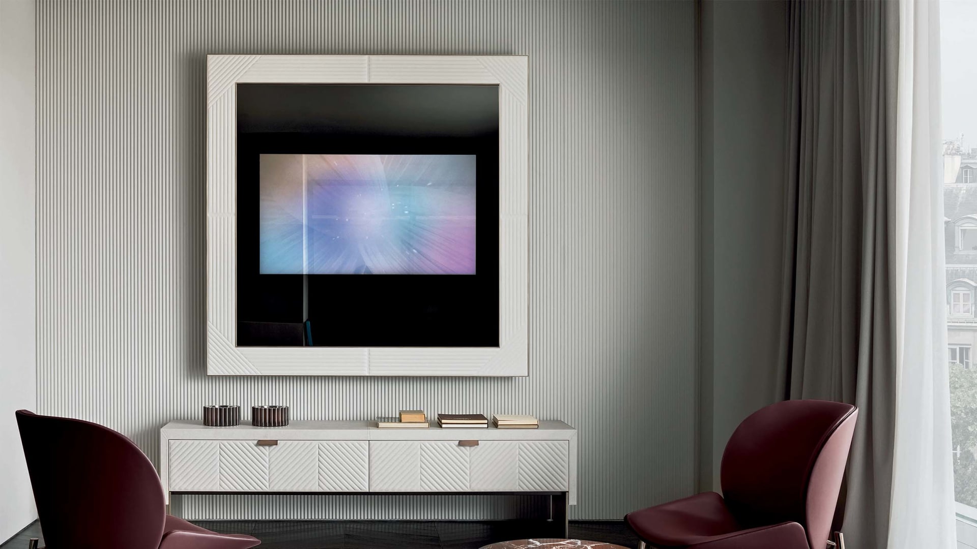 Ghost tv furniture | Rugiano. Upholstered TV cabinet with integrated media mirror and elegant metal detailing.