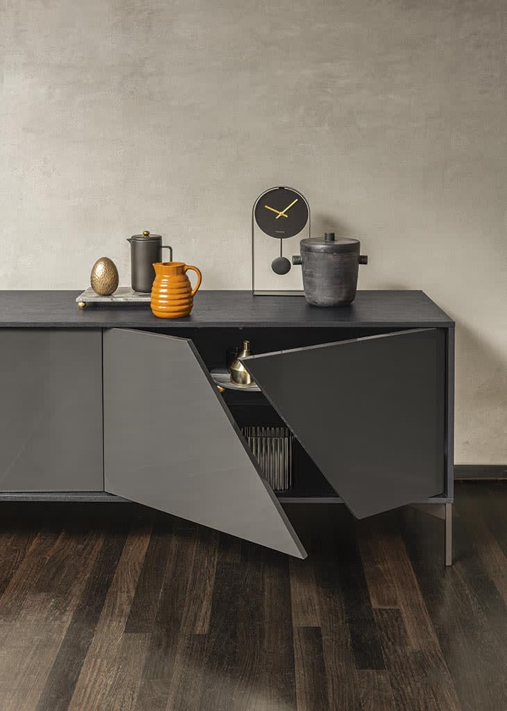 Kendo sideboard | ALF Dafre. Sideboard with unique geometric doors creating a light and shadow effect, available in various finishes.