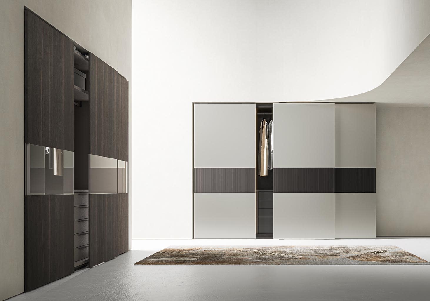 Clara closet | ALF Dafre. Three-part wardrobe door panel offering unique combinations of wood veneer, glass, and lacquered finishes.