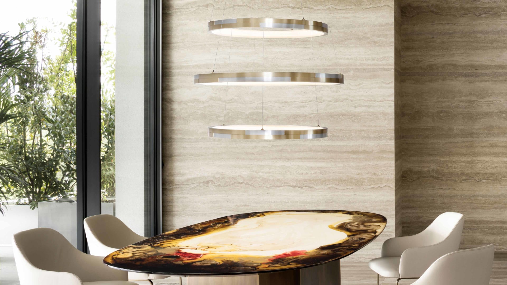 Trilogy pendant lamp | Rugiano. Modular pendant lamp in brushed aluminum or brass, creating unique lighting compositions.
