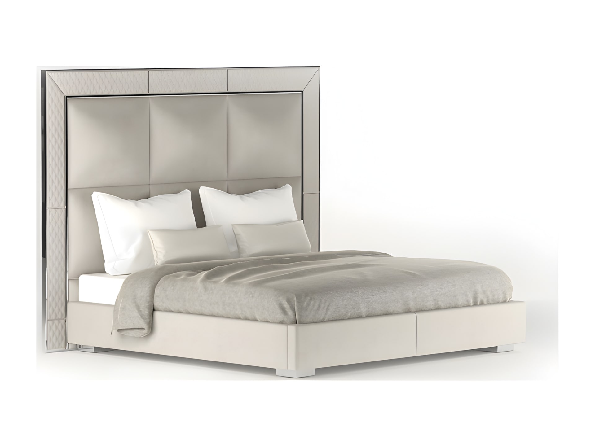 Aura bed | Rugiano. Luxurious bed with geometrically padded upholstered headboard and elegant metal details, designed for ultimate comfort.