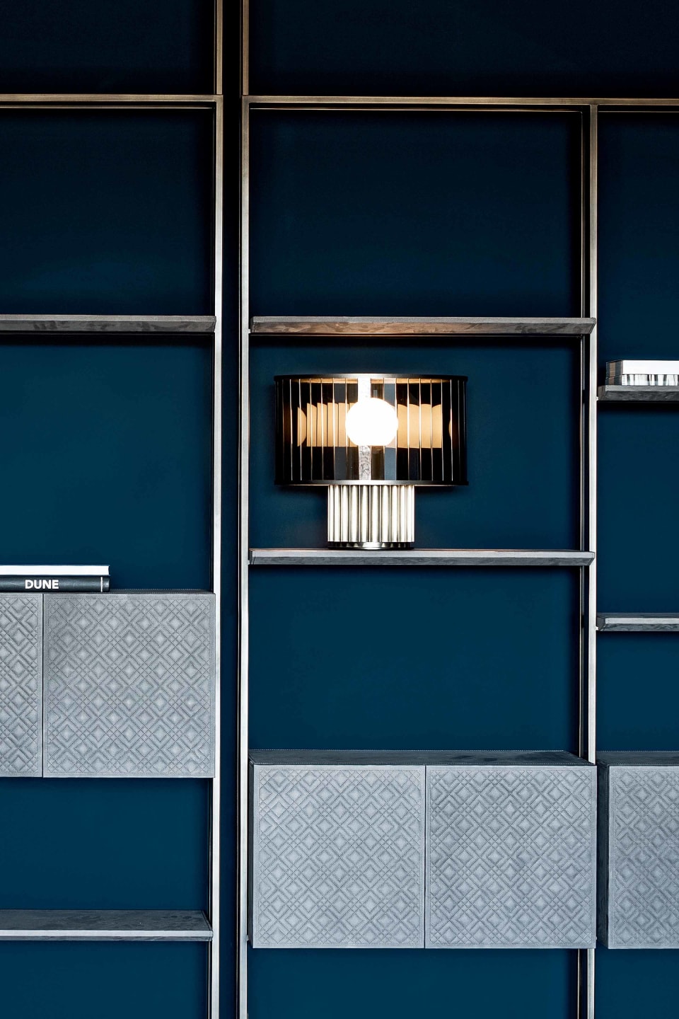 Frame Box bookcase | Rugiano. Modular luxury bookshelves with metal structure, leather, and marble shelves, offering versatile storage and refined design.