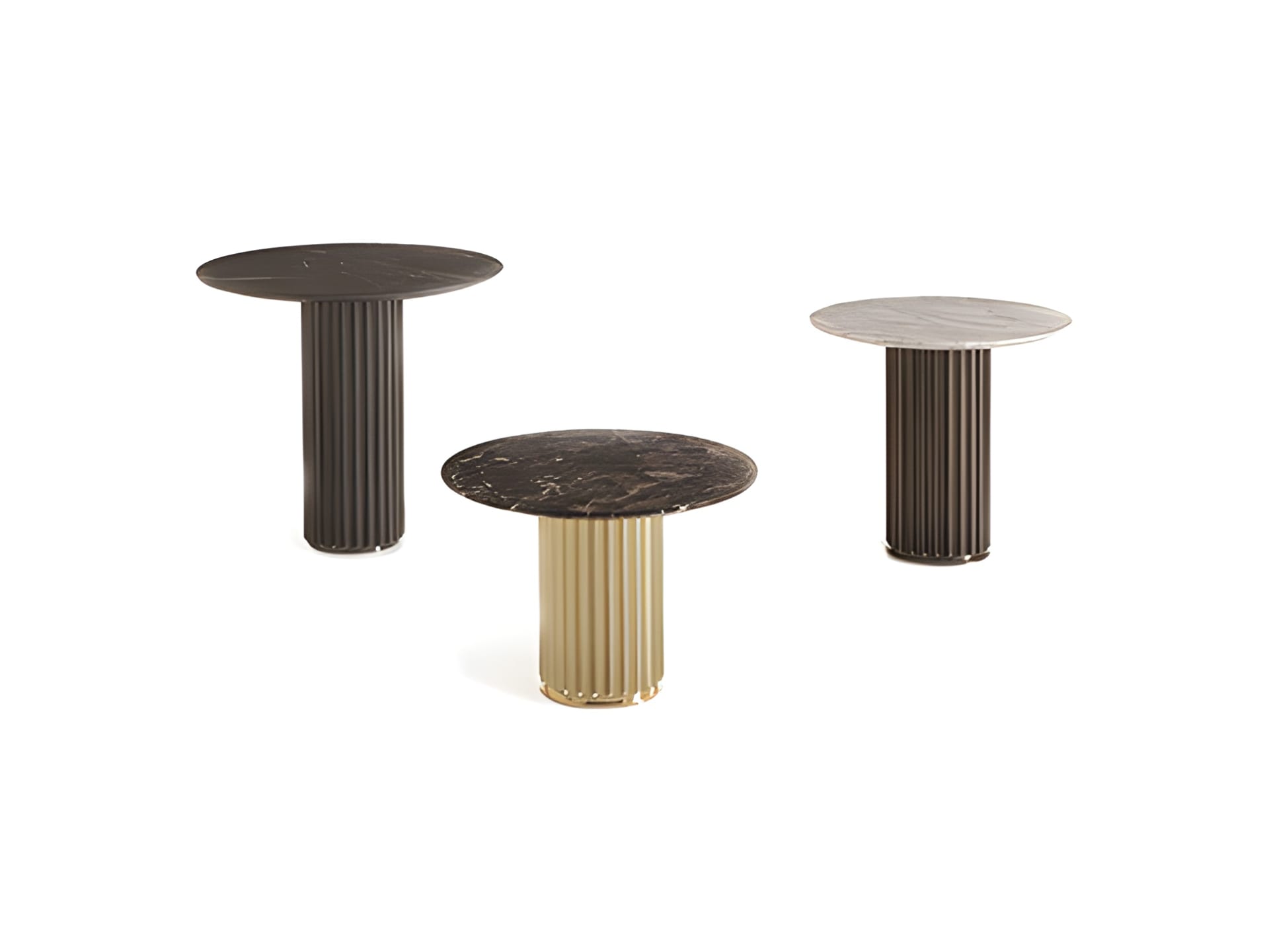 Liberty coffee table | Rugiano. Elegant coffee table with a distinctive column-like bronze-finished base and versatile round tops.