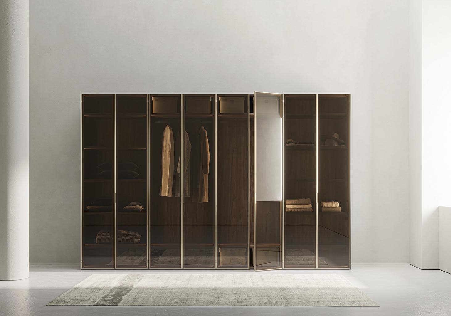 Pure closet | ALF Dafre. Elegant hinged door with clean lines for modern wardrobes and closets, ensuring seamless integration and functionality.