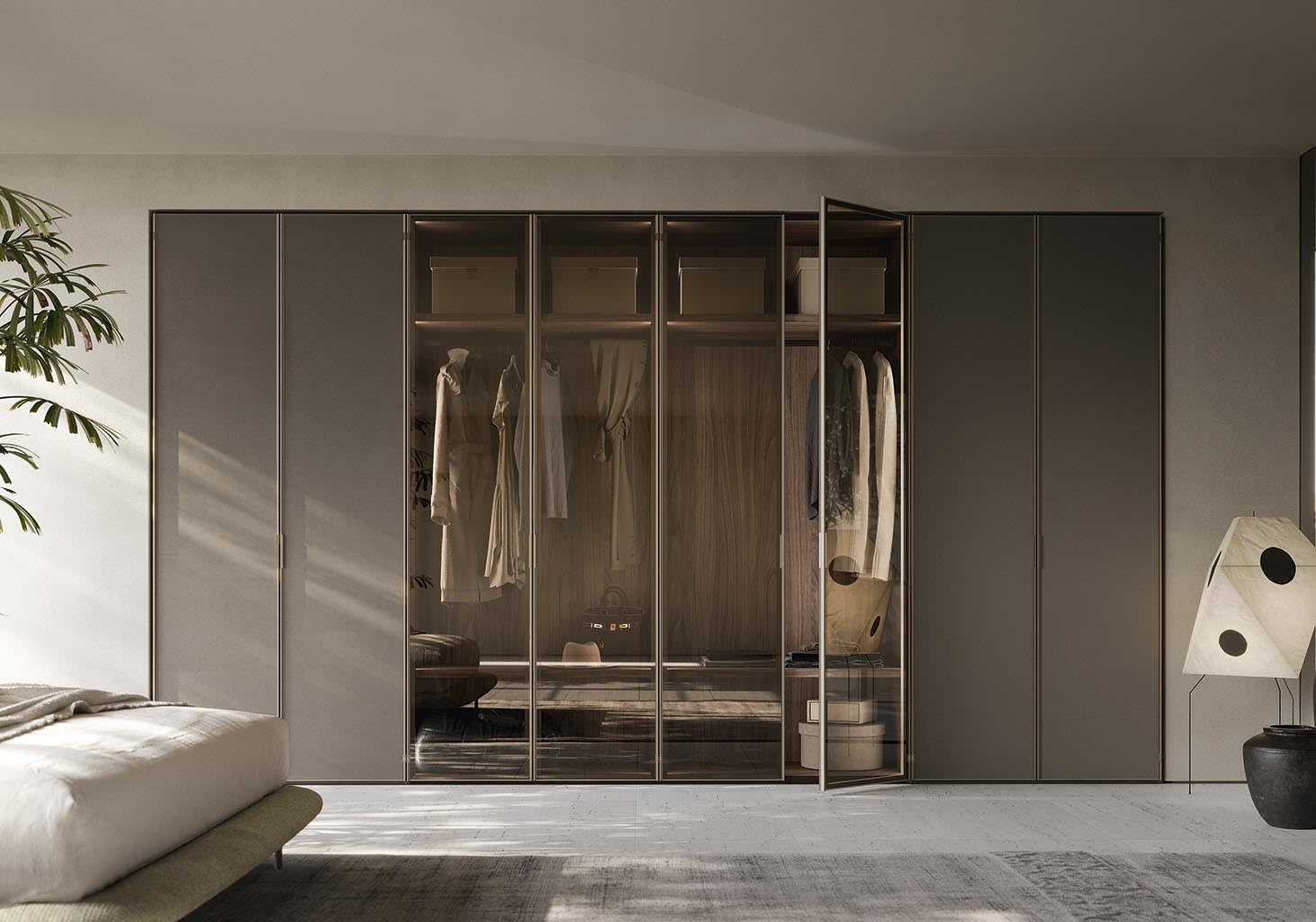 Pure closet | ALF Dafre. Elegant hinged door with clean lines for modern wardrobes and closets, ensuring seamless integration and functionality.