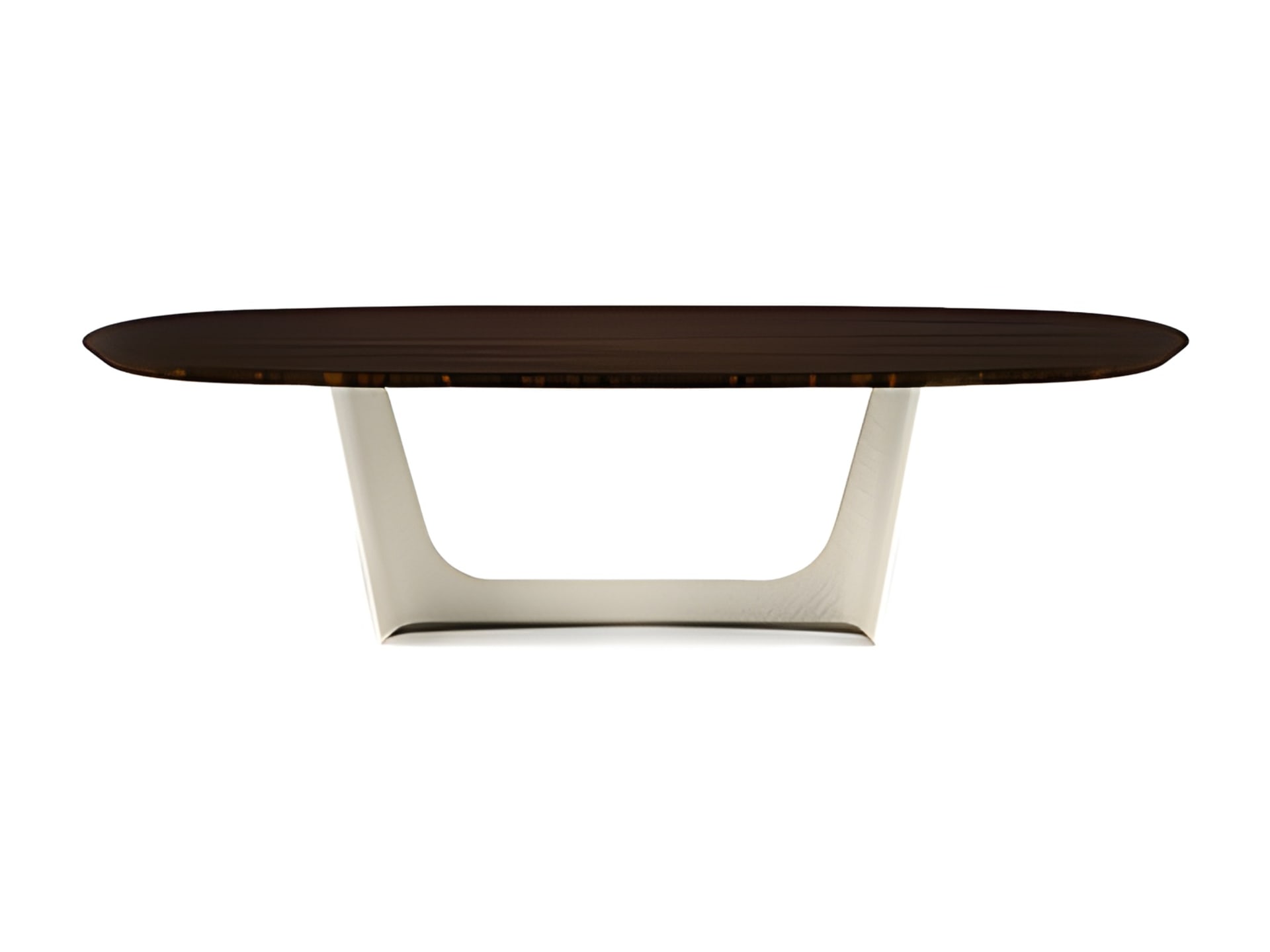Wings table | Rugiano. Elegant dining table with an upholstered metal base and a versatile oval top in marble, wood, or hand-painted finishes.