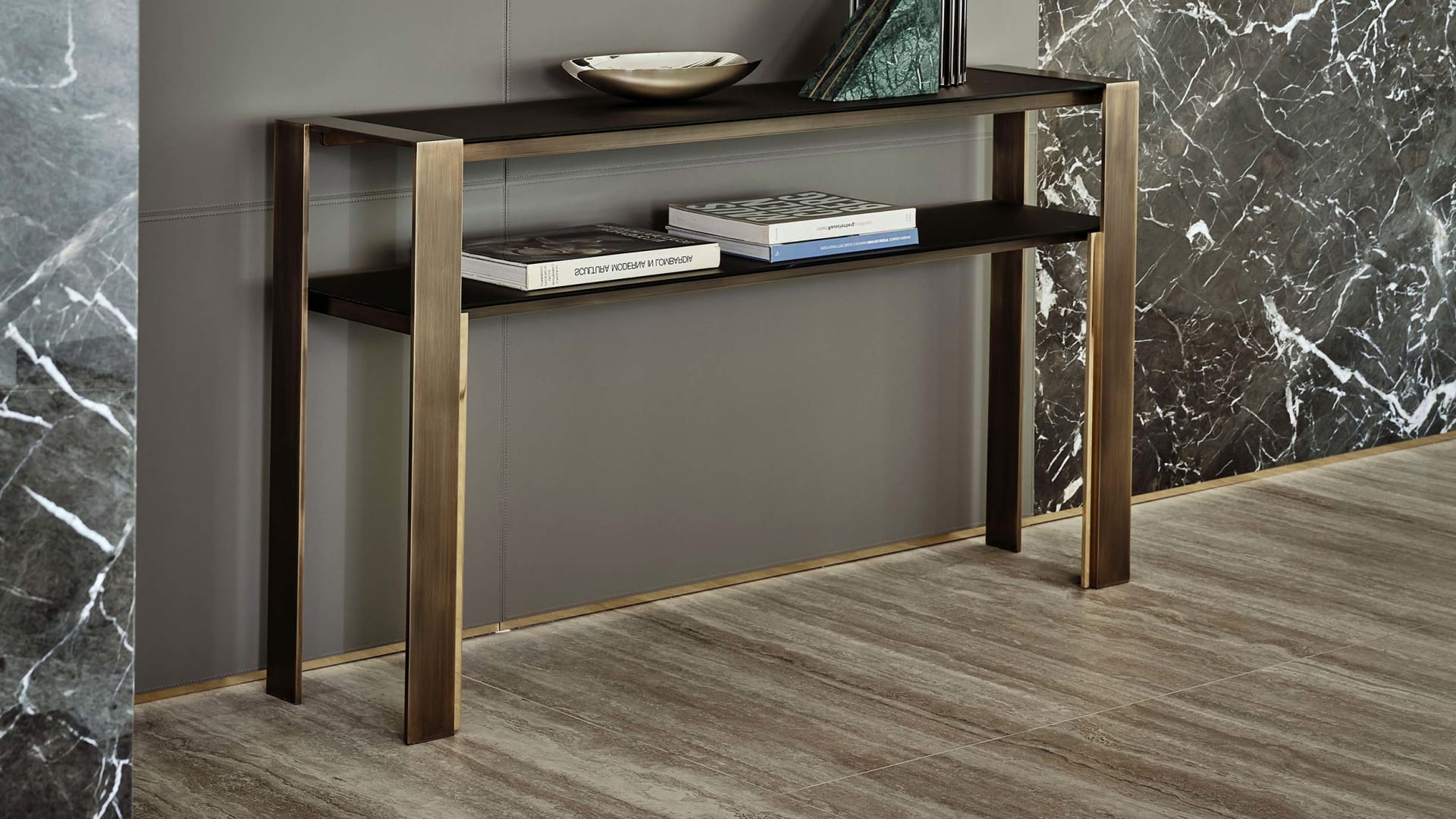 Pure console | Rugiano. Sleek console with clear-cut lines, featuring elegant glass tops and a sophisticated bronze structure.