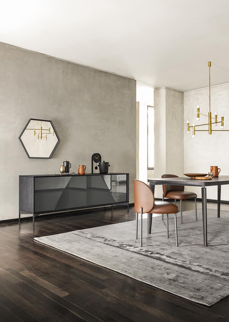 Kendo sideboard | ALF Dafre. Sideboard with unique geometric doors creating a light and shadow effect, available in various finishes.