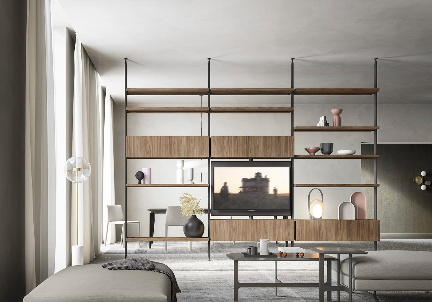 Antis bookcase | ALF Dafre. Modular living area system with adjustable elements and unique, hole-free aluminum uprights for versatile configuration.