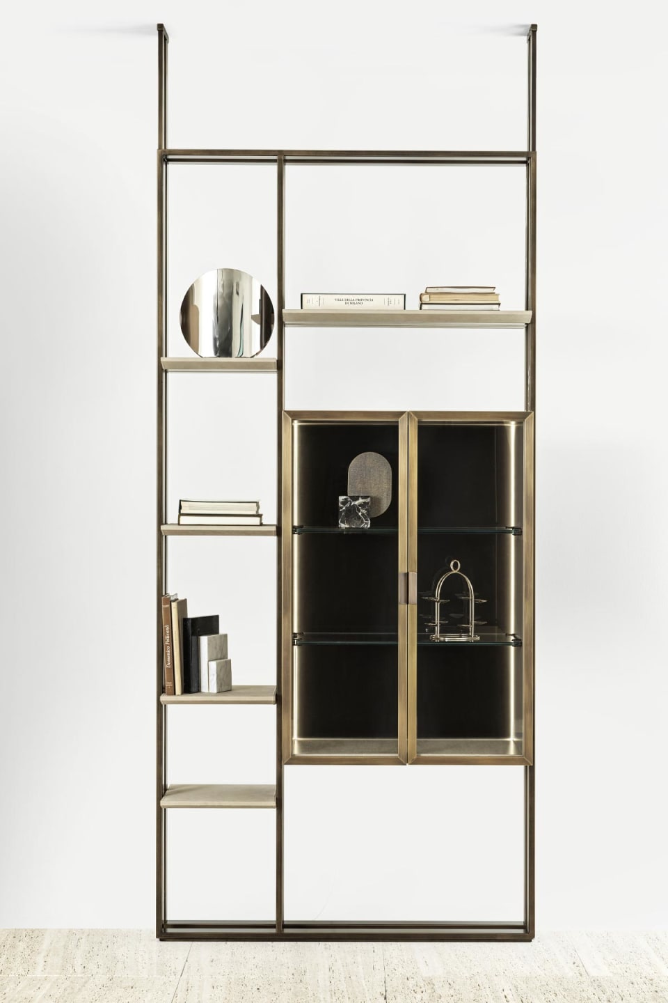 Frame Glass bookcase | Rugiano. Sophisticated modular shelving system with a sleek metal frame, offering luxurious marble or leather shelves and versatile storage options.