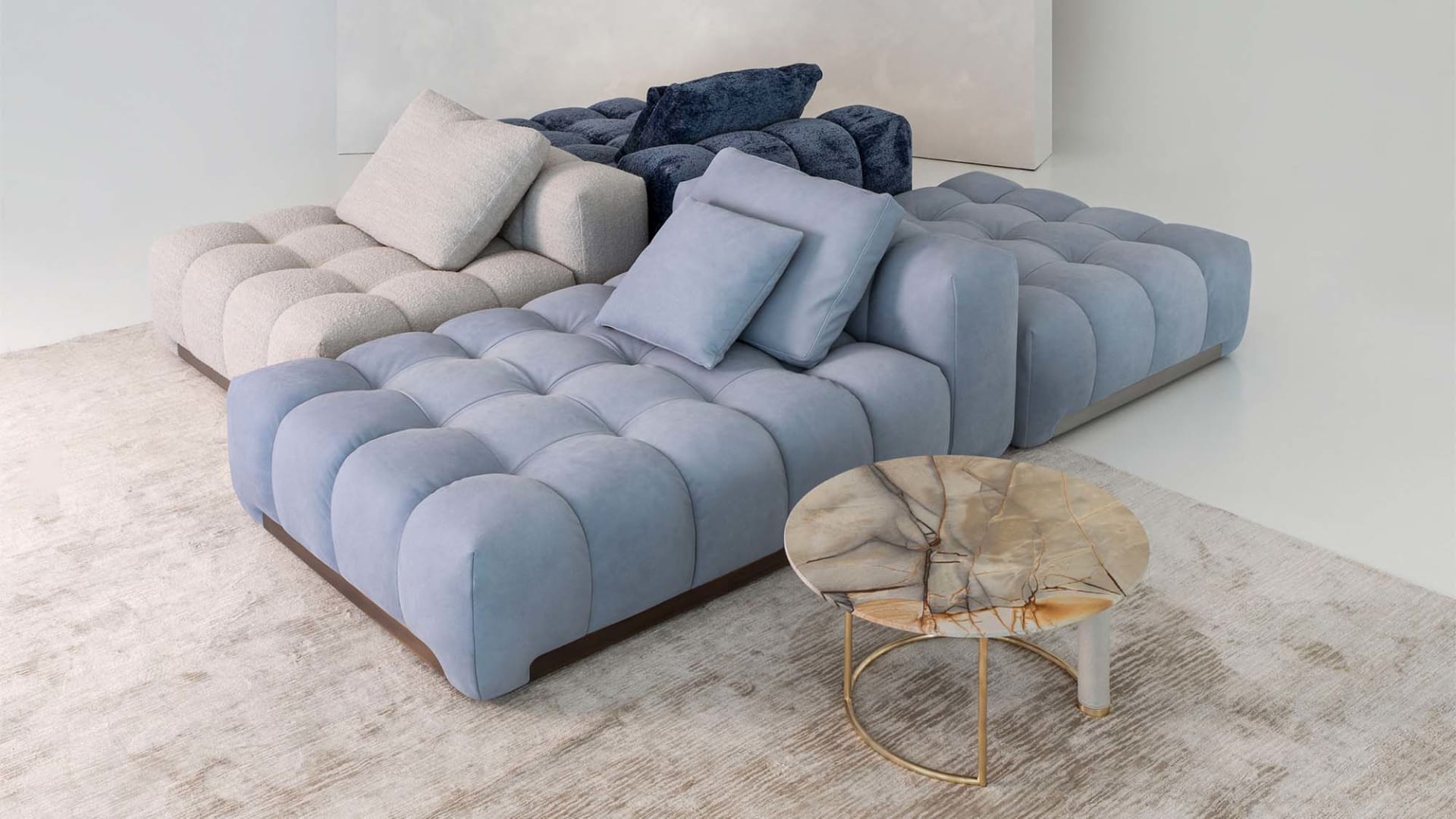 Opale coffee table | Rugiano. Elegant tables with characteristic covered legs and tops in marble or leather, perfect for modern interiors.