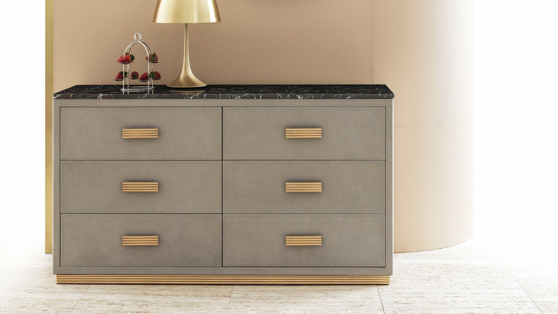 Rubik chest of drawers | Rugiano. Luxurious leather-upholstered chest of drawers with a marble top and metal detailing, featuring six spacious drawers.