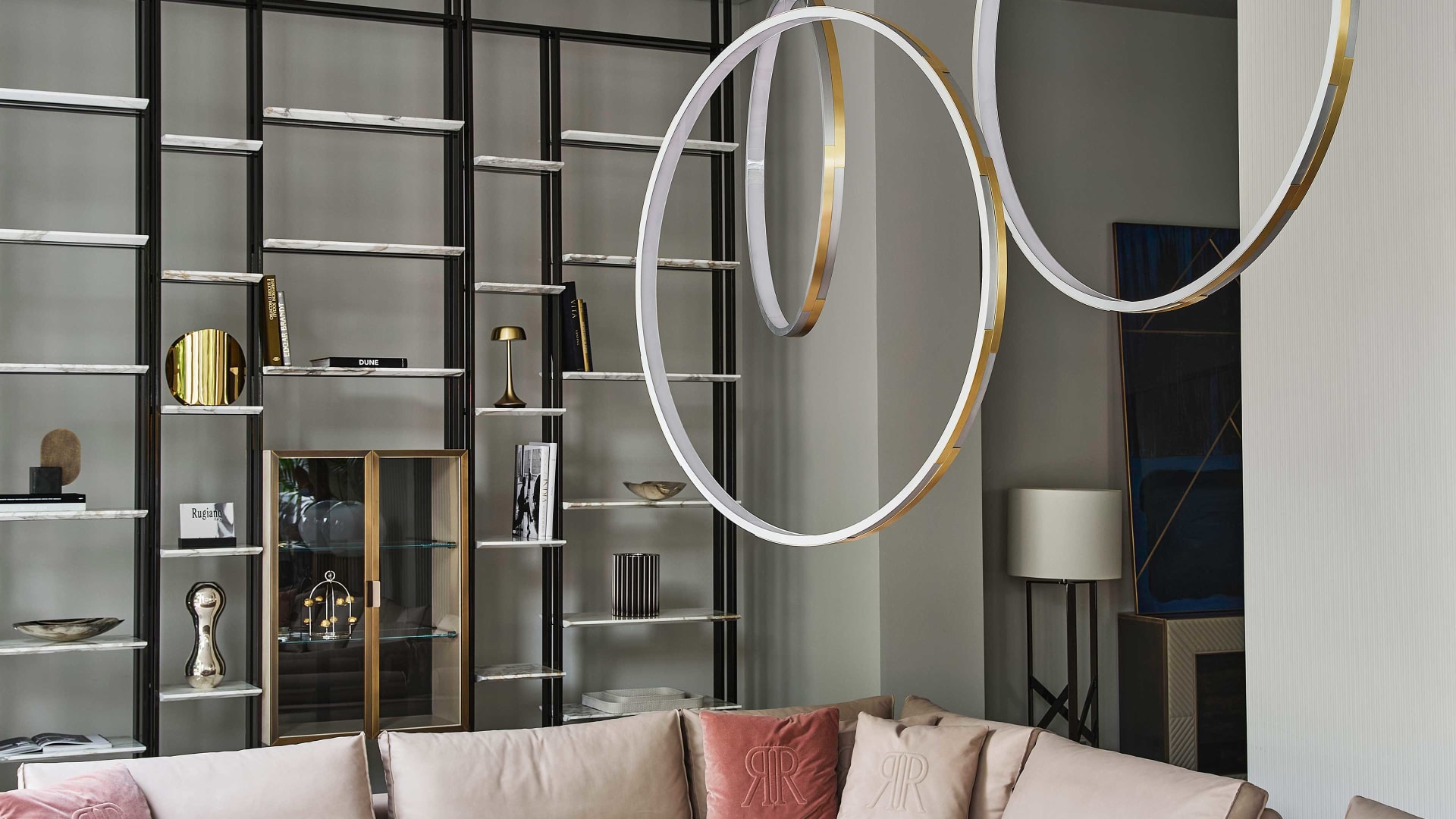 Frame Glass bookcase | Rugiano. Sophisticated modular shelving system with a sleek metal frame, offering luxurious marble or leather shelves and versatile storage options.